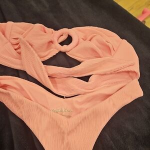 Kulani Kinis Peach Ribbed Bandeau Bikini Set with Ring Detail